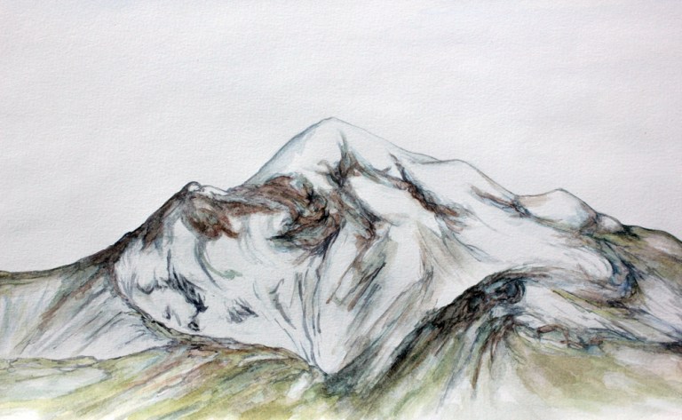 Visualización de Ex Teresa Arte Actual como el Volcán Pico de Orizaba en México, acuarela s/papel y agua de mar del Pacífico. © Frida Cano, 2016